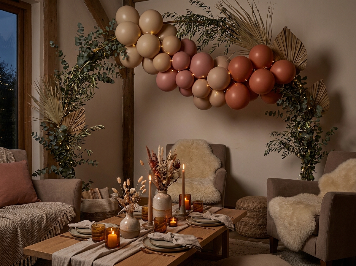 Ballongirlande in Sand- und Terrakottatönen mit Lichterketten