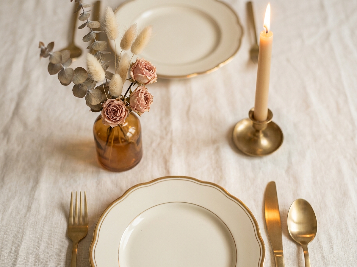 Elegant gedecktes Gedeck mit Trockenblumen und Messingbesteck